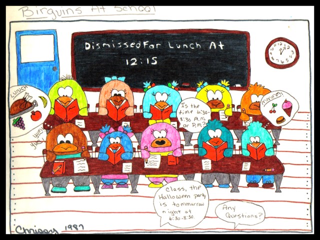 Birguin characters in their classroom