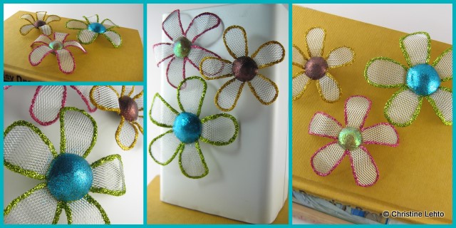 Apoxie, glitter and mesh flower magnets