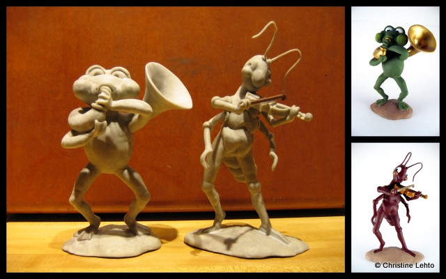 Frog and Cricket sculptures