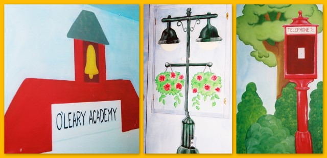 Schoolhouse, street lamp and telephone booth wall mural