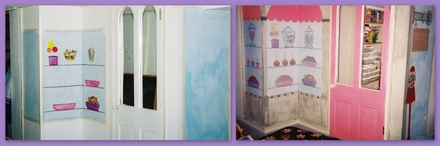 Before and after of candy shop wall mural