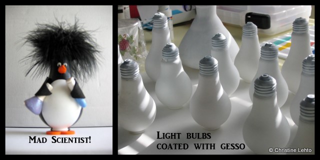 Mad Scientist Penguin sculpture and gesso covered light bulbs