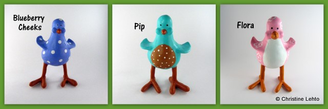 Deocartive bird figurines, Blueberry Cheeks, Pip and Flora