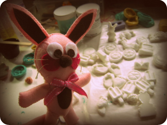 Ralphie the bunny next to newly cast resin pieces