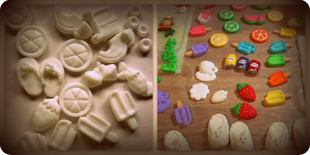 Unpainted and painted resin pieces