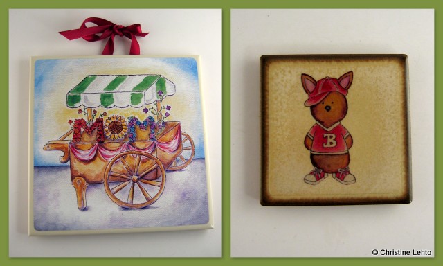 Christine's flower cart and sporty bunny character on ceramic tiles